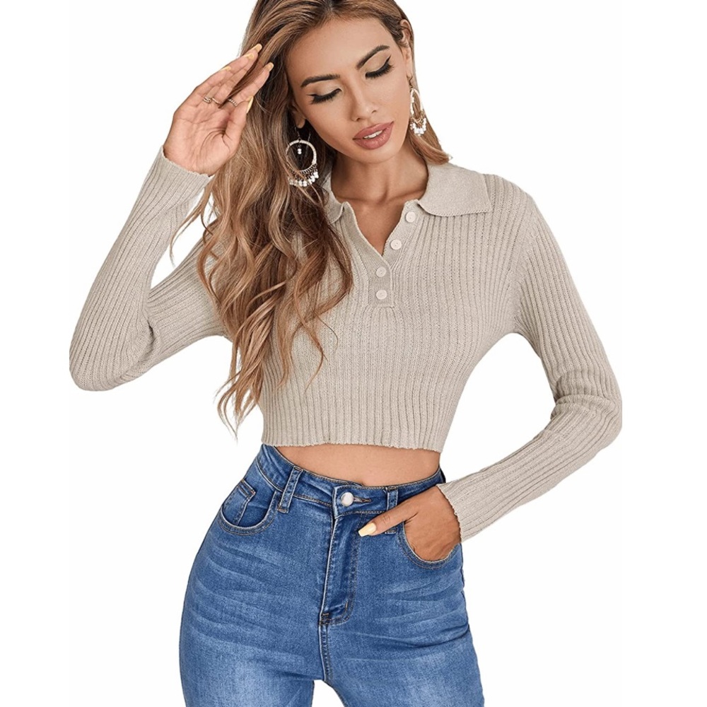 Ribbed Collared Half Button Sweater - image 1